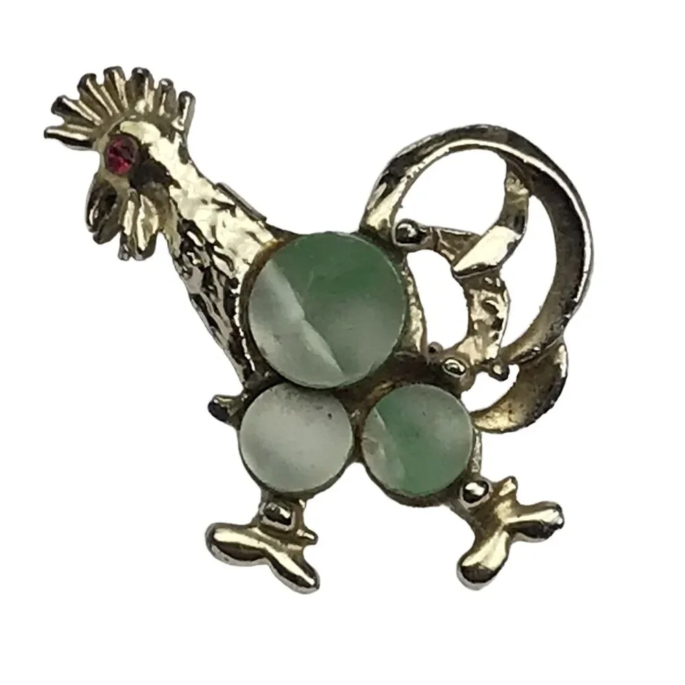 Rooster Gold Tone Enamel Brooch Pin Vintage Jeweled Eye